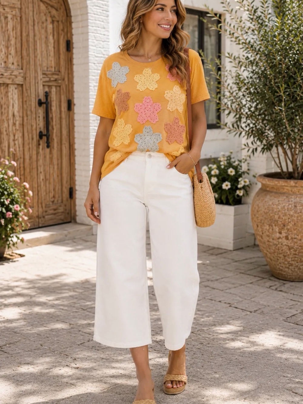 Mustard Short Sleeve Tee with Crochet Flower Appliqués